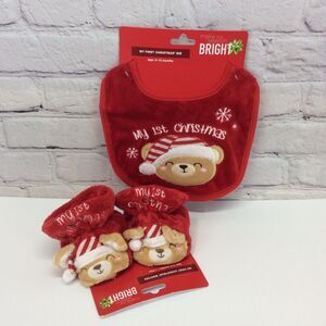 Baby's "My 1st Christmas" Set Bib & Booties Teddy Bear Santa Holiday Festive NWT